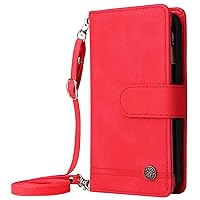 XYX Wallet Case for Samsung S24, Crossbody Strap Cover Zipper Pocket Cash with 9 Card Slot for Galaxy S24 5G, Red