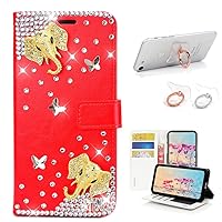 STENES Bling Wallet Phone Case Compatible with Google Pixel 7a Case - Stylish - 3D Handmade Elephant Butterfly Design Leather Cover with Ring Stand Holder [2 Pack] - Red
