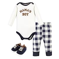 Hudson Baby Unisex Baby Cotton Bodysuit, Pant and Shoe Set, Brown Navy Mamas Boy, 6-9 Months