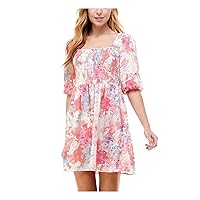 City Studio Womens Ivory Smock Printed Pouf Sleeve Square Neck Fit + Flare Dress Juniors S