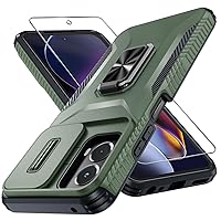 for Motorola Moto G Power 5G 2024 Case with Tempered Glass Screen Protector and Camera Lens Cover,Rotated Ring Stable Kickstand,Heavy Duty Shockproof Protective Phone Cover-Alpine Green
