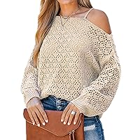 CUPSHE Women Coffee Cutout Crochet One-Shoulder Sweater Cami Long Sleeves Ribbed Trim