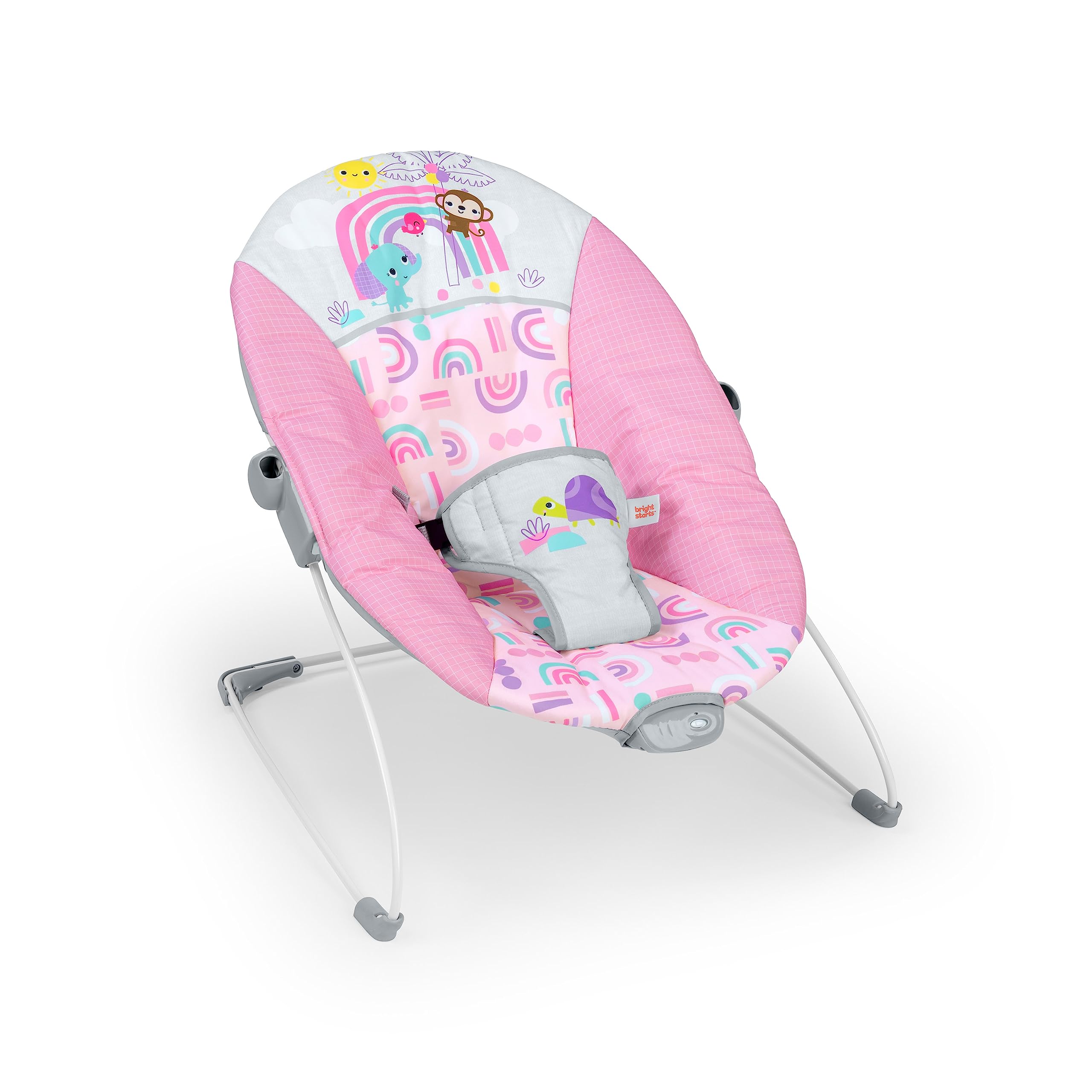 Bright Starts Pink Paradise Portable Baby Bouncer with Vibrating Infant Seat and -Toy Bar, Max Weight 20 lbs., Age 0-6 Months