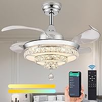 36' Dimmable Chandelier Ceiling Fan with Light, Fandelier, Silver Crystal Fan with 4 Retractable Blades LED Remote APP Control for Living Room, Bedroom, Dining Room 6 Speed