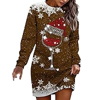 Womens Boho Dresses,Womens Easter Wine Cup Print Round Neck Long Sleeve Casual Dress Womens Sexy Casual