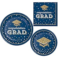 Graduation Party Supply Pack for 18 People | Paper Dinner & Dessert Plates & Napkins | Glittering Grad Design, Blue, Gold, White