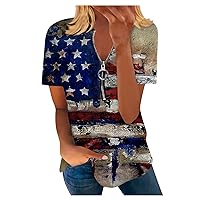 Firzero Womens Short Sleeve Tops Summer Trendy V Neck T Shirts 4th of July Graphic Tees Fashion Ladies Quarter Zip Blouses