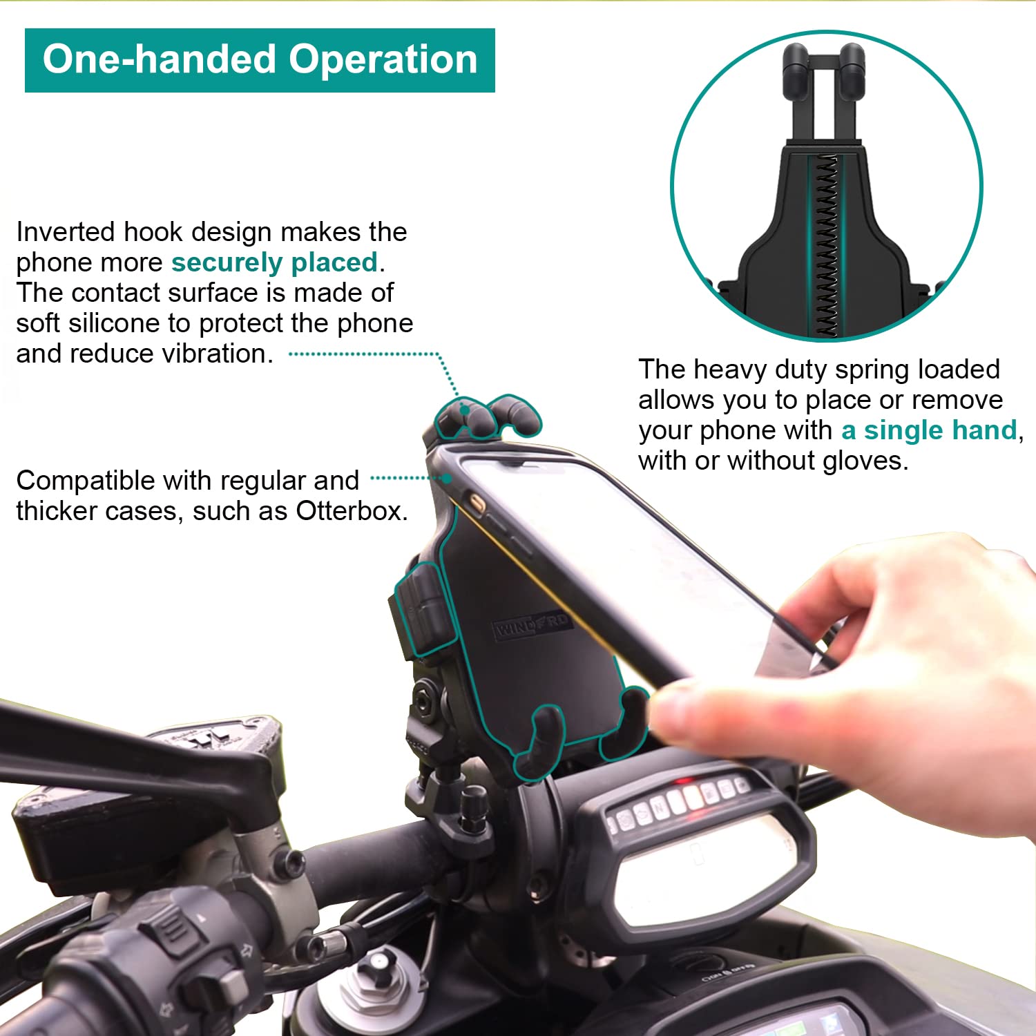WINDFRD Vibration Dampening Motorcycle Phone Mount, Motorcycle Phone Holder Vibration Damper, Compatible with Regular and Plus iPhone and Samsung Series, Fits Bike Handlebar and Harley Davidson