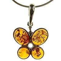 BALTIC AMBER AND STERLING SILVER 925 DESIGNER COGNAC BUTTERFLY PENDANT NECKLACE - 10 12 14 16 18 20 22 24 26 28 30 32 34 36 38 40