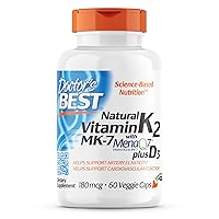Doctor's Best Natural Vitamin K2 with MK-7, 180mcg Plus D3 1000IU, Non-GMO, Gluten Free, Vegetarian, Soy Free, 60 Veggie Caps