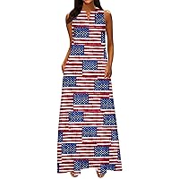 4th of July Patriotic Dress for Women American Flag Stars Stripes Print Long Maxi Dress Notch V Neck Sleeveless Pocket Dress