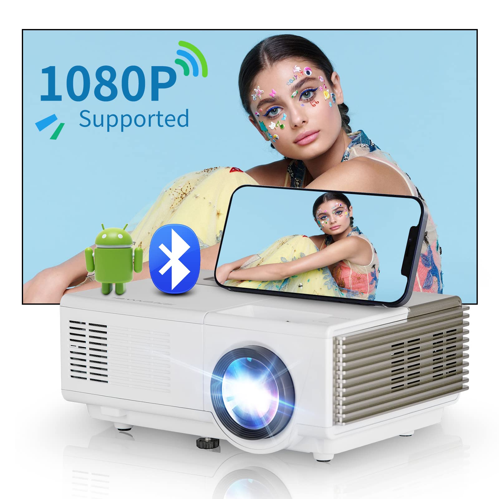 New WiFi Mini Projector, Full HD 1080P Supported Smart Android Projector with Bluetooth, Portable Outdoor Movie Projector Wireless Mirroring Home T...