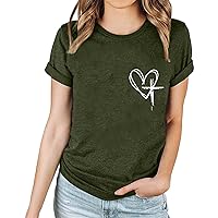 Inspirational Shirts for Women Love Heart Cross Graphic Casual Tee Tops Jesus Blessed Christian Short Sleeve Blouses