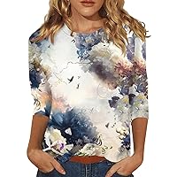 Womens 3/4 Length Sleeve Tops Crew-Neck Casual T Shirts 2024 Summer Loose Fit Flower Printing Blouse