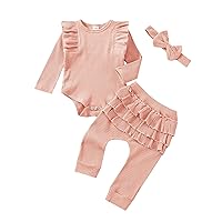 Baby Girl Clothes Newborn Infant Fall Winter Outifts Ribbed Ruffle Long Sleeve Romper Pant Outfit Set 3pcs 0-18Months