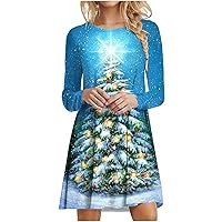 Women's Christmas Tree Printed Tunic Dress Long Sleeve Crewneck Casual Swing Loose T-Shirt Dress 2024 Fall Outfits