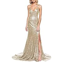 Women's Spaghetti Straps Sequin Prom Dress Mermaid V Neck Formal Evening Dresses with Slit