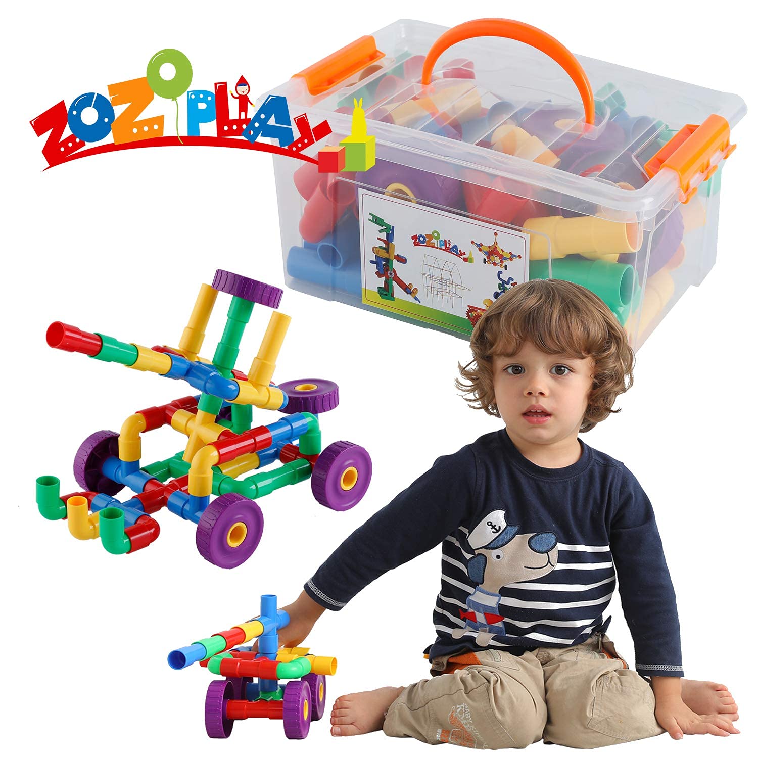 ZOZOPLAY STEM Learning Toy Tubular Pipes & Spouts & Joints 64 Piece Build Bicycle, Tank, Scootie, Moter Skills Endless Designs Educational Building Blocks Set for Kid Ages 3+ Multicolor