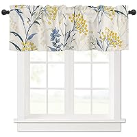 Curtain Valance, Blue Leaves Yellow Berries Floral Summer Farm Plant Print Short Rod Pocket Window Treatment for Living Room, Bedroom, Kitchen, Bathroom, 1 Panel, 42