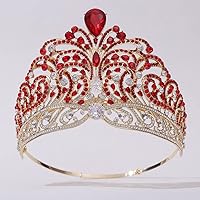 Hair Jewelry Crown Tiaras for Women Big Forest Crystal Wedding Crowns Cubic Zircon Crown Queen Rhinestone Tiara Party Stage Show Hair Jewelry (Color : Gold Red)