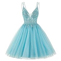 V Neck Tulle Prom Dresses Short Teens Homecoming Dresses Lace Cocktail Party Dress with Beaded Appliques