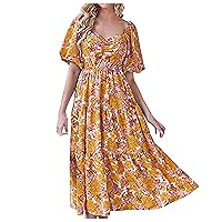 Women Cut Out High Waist Bohemian Floral A-Line Dress Puff Short Sleeve Smocked Back Ruffle Hem Casual Beach Dress
