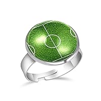 Soccer Filed Green Grass Adjustable Rings for Women Girls, Stainless Steel Open Finger Rings Jewelry Gifts