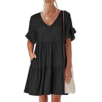 ANRABESS Women's 2024 Summer Trendy V Neck Ruffle Short Sleeve A Line Tiered Flowy Casual Mini Beach Dress with Pockets