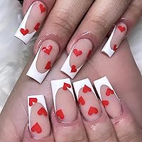 Valentines Press on Nails Long Coffin French Fake Nails Glue on Nails 24Pcs White French Tips Acrylic Nails with Red Heart Design Valentines Nails Full Cover False Nails Stick on Nails for Women Girls