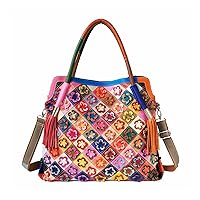 Women's Multicolor Genuine Leather Handbags Stylish Flower Stitching Satchel Purse Ladies Large Capacity Shoulder Bags