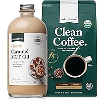 Natural Force Organic Ground Dark Roast Clean Coffee + Creamy Caramel MCT Oil Bundle – Flavored MCT Creamer & Mold & Mycotoxin Free Coffee – Non-GMO, Keto, Paleo, and Vegan- 10 Oz Bag and 16 Oz Bottle