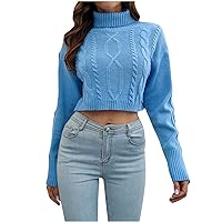 Womens Turtleneck Cable Knit Cropped Top Long Sleeve Pullover Crop Sweater Cute Jumper Tops Solid Casual Knitwear
