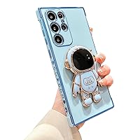 for Samsung Galaxy S23 Ultra Case with Astronaut Hidden Stand, Luxury Love Heart Plating Case Side Edge Small Love Pattern for Women Girls Cute Kickstand Phone Case Slim Soft TPU Cover Blue