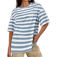 MEROKEETY Women's 2024 Summer Half Sleeve Striped T Shirts Casual Crew Neck Oversized Tee Tops