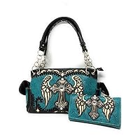 Western Tooled Leather/Laser Cut Bling Rhinestone Cross Wings Handbag Purse and Wallets in 5 Colors