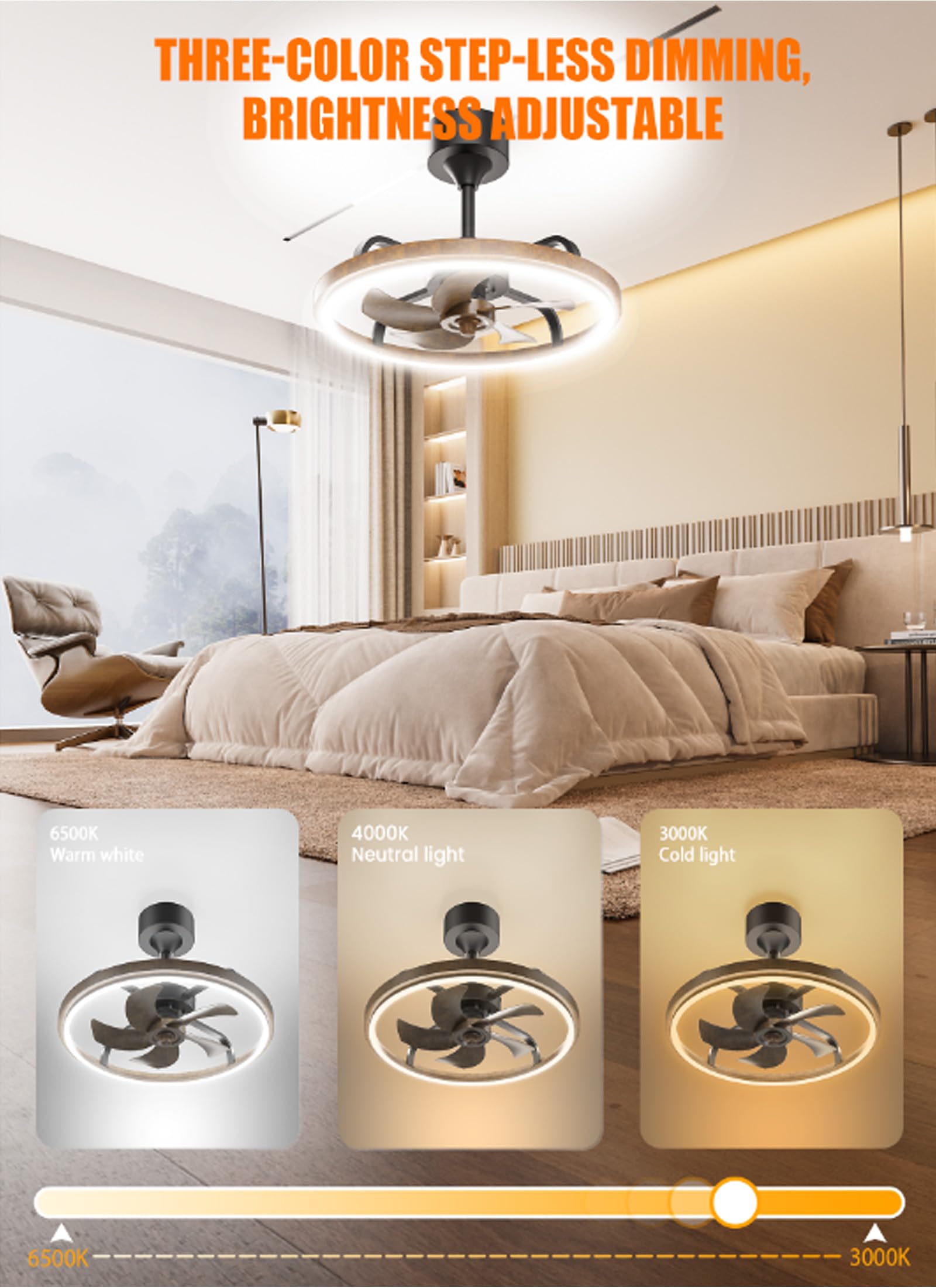 20.5” Ceiling Fan Lights with Remote, Retro Semi-Flush Mount Low Profile Ceiling Fan, 3 Light Color Changes, and 6 Speeds for Bedroom, Living Room, Study, Kitchen