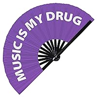 Music is My Drug Hand Fan Foldable Bamboo Circuit Hand Fan Funny Gag Slang Words Expressions Statement Gifts Festival Accessories Rave Handheld Circuit Event Fan Clack Fans (Purple)