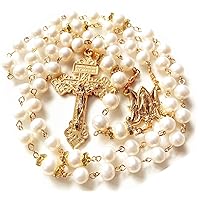 GOLD AAA 8-9MM pearls PEARL BEADS ROSARY CROSS NECKLACE CATHOLIC GIFT