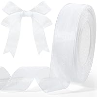 Shimmer Sheer Organza Ribbon Gift Wrapping Ribbon Sheer Chiffon Ribbon Tulle Ribbon Mesh Ribbon (White, 1 Inch Wide 50 Yard Long)