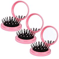 3PCS Folding Travel Hair Brush with Mirror, Mini Comb/Wet Brushes, Compact Purse Pocket Hair Massage Combor for Women and Girls（Pink）