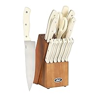 Oster Evansville 14 Piece Cutlery Knife Block Set, Stainless Steel w/Linen White Handles