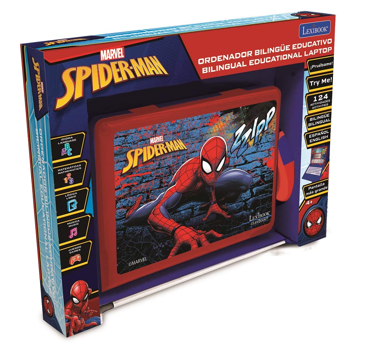 LEXiBOOK Spider-Man - Educational and Bilingual Laptop Spanish/English - Toy for Child Kid (Boys & Girls) 124 Activities, Learn Play Games and Music with Spiderman - Red/Blue JC598SPi2