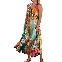 Casual Dresses for Women Summer Sleeveless Floral Print Tank Sundress Pleated T-Shirt Cotton Dress with Pockets