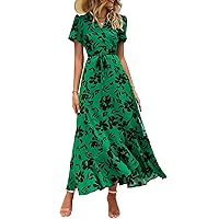 Pretty Garden Womens Summer Wrap Maxi Dress Casual Boho Floral V Neck Short Sleeve Ruffle Hem Split Beach Long Dresses