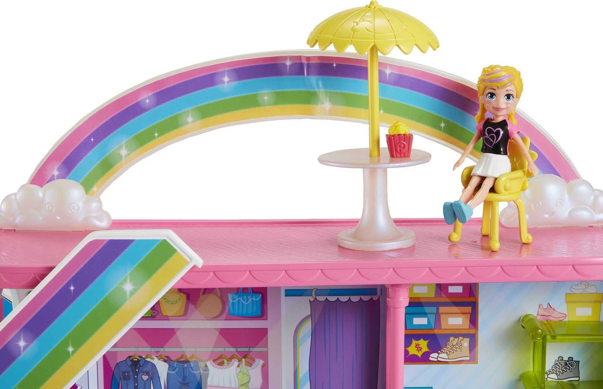 Polly Pocket Playset with 3-Inch Doll, 35+ Accessories, Sweet Adventures Rainbow Mall, 3 Floors, 9 Play Areas