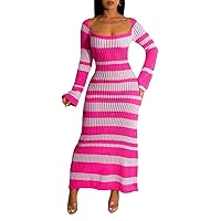 Bluewolfsea Women Elegant Long Sleeve Striped Knitted Hollow Out Bodycon Maxi Dress Long Party Sweater Dress