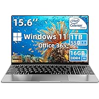 15.6 Inch Laptop Windows 11, 16GB RAM 1TB SSD, 1080P Display Full HD Laptop PC Notebook Celeron N5095, Dual Band WiFi, USB 3.0, Mini HDMI, Fingerprint Reader, Backlit Keyboard (Silver)