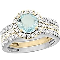 PIERA 10K Gold Natural Aquamarine 3-Piece Ring Set Two-tone Round 6mm Halo Diamond, sizes 5-10