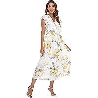 VintageClothing Womens Sundress Casual Floral Summer Boho Dress Flowy Wrap V Neck Ruffle A-Line Pleated Hem Midi Dresses