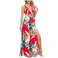 Women's 2024 Summer Maxi Dress Spring Casual Boho V Neck Split Beach Sundresses Floral Long Flowy Dresses with Belt